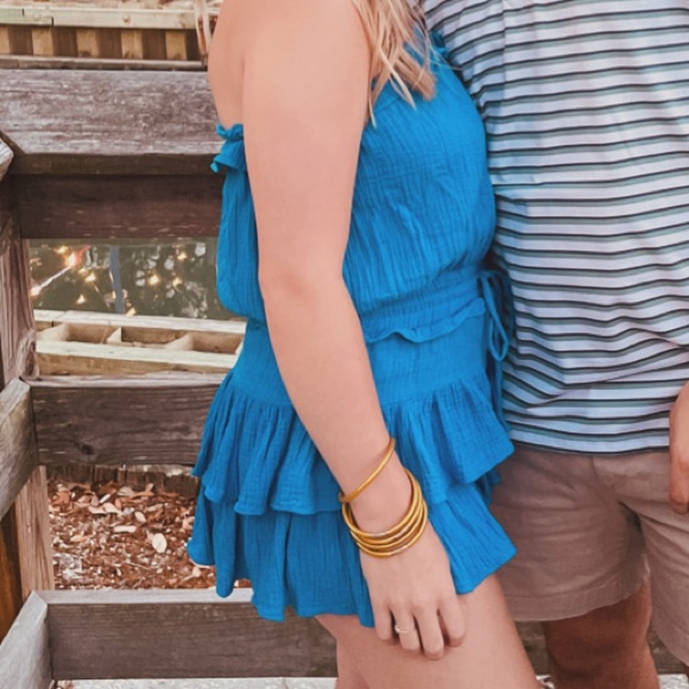 Blue Ruffled Strapless Romper